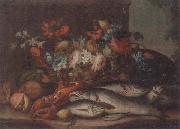 unknow artist Still life of a basket of flowers,fruit,lobster,fish and a cat,all upon a stone ledge Sweden oil painting reproduction